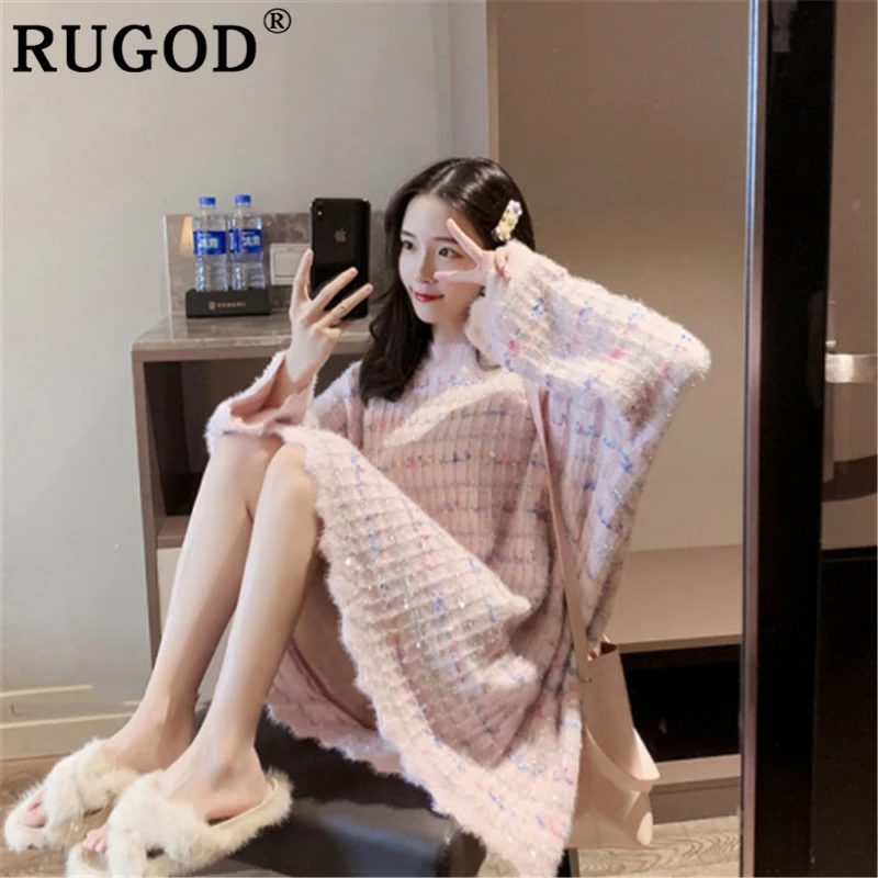 Женский вязаный свитер RUGOD элегантный свободный средней длины с круглым вырезом