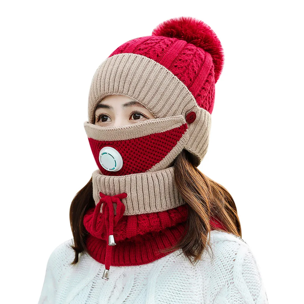 Зимняя модная теплая женская вязаная шапка для девочек шарф маска набор мягкая