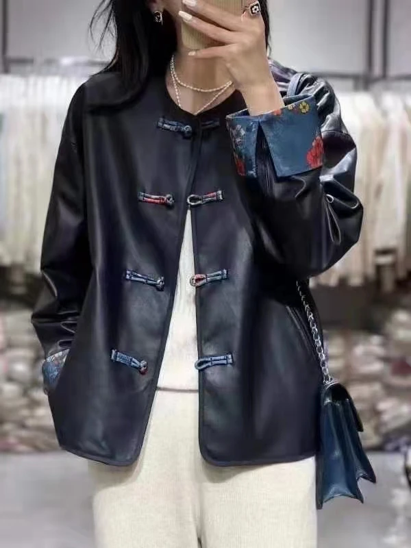 Chinese style Genuine leather women buckle round neck jacket 2021 autumn new printed real sheepskin jacket short streetwear y2k