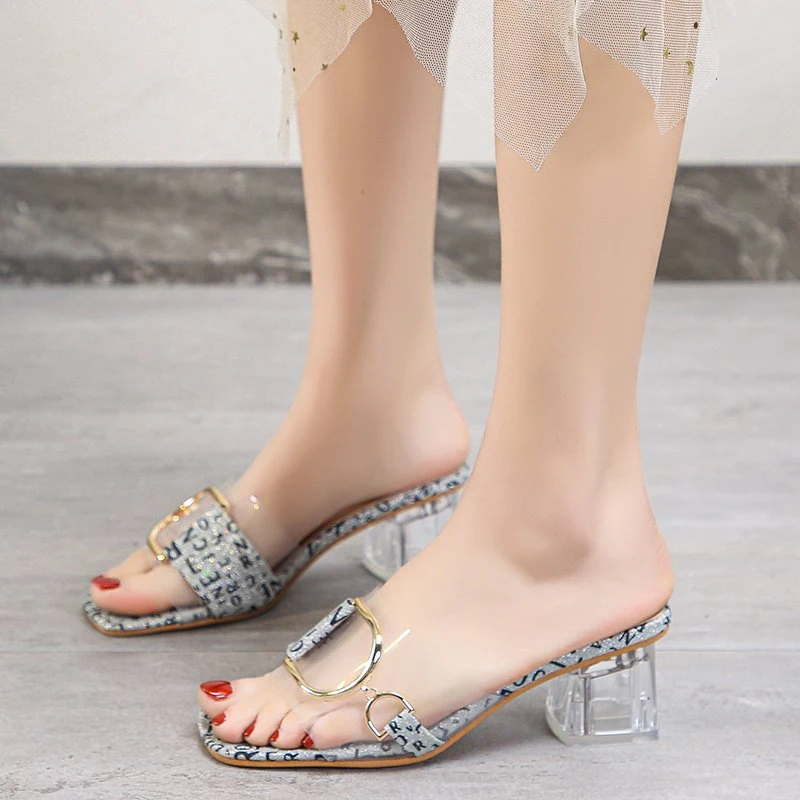 

Fashion Clear Heels Slippers Women Metal Buckle Designer Transparent Shoes 2021 Summer Wedding High Heels Slides Plus Size 35-45