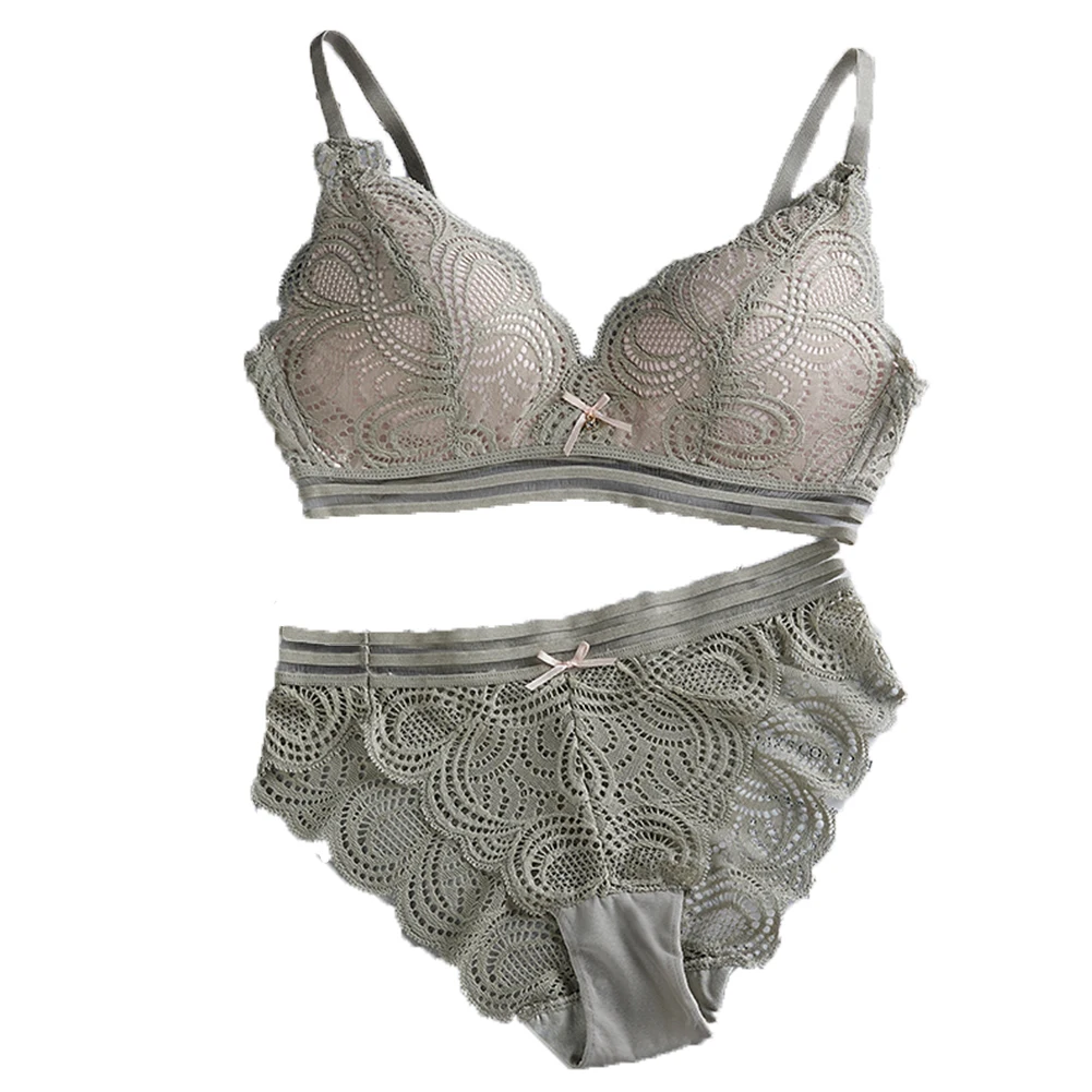 

Thin Section No Steel Ring Floral Triangle Cup Underwear Bra Briefs Lace
