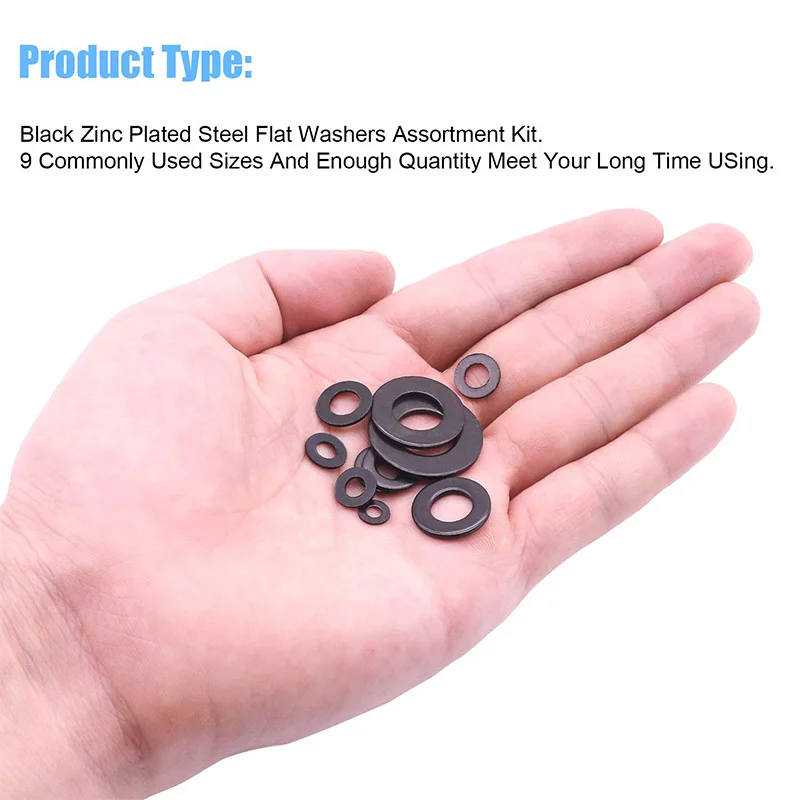 

Flat Washers,Black Zinc Plated Steel Flat Washers Assortment Kit(700Pcs,9 Sizes)