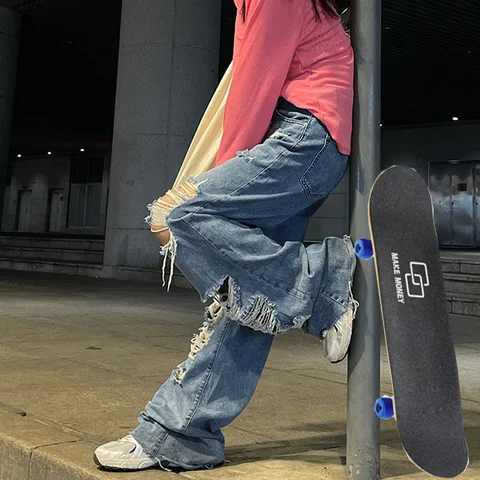 Spring and Autumn Women's street jeans Ripped jeans High waisted baggy jeans Wide leg jeans Y2K hip hop pants Blue fashion jeans