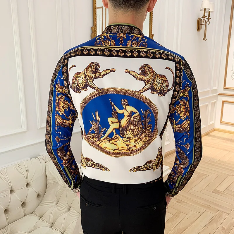 

Gold Leopard Print Shirt Men Camisa Masculina Long Sleeve Four Slim Fit Casual Shirts Summer Brand New Mens Club Social Top 6XL