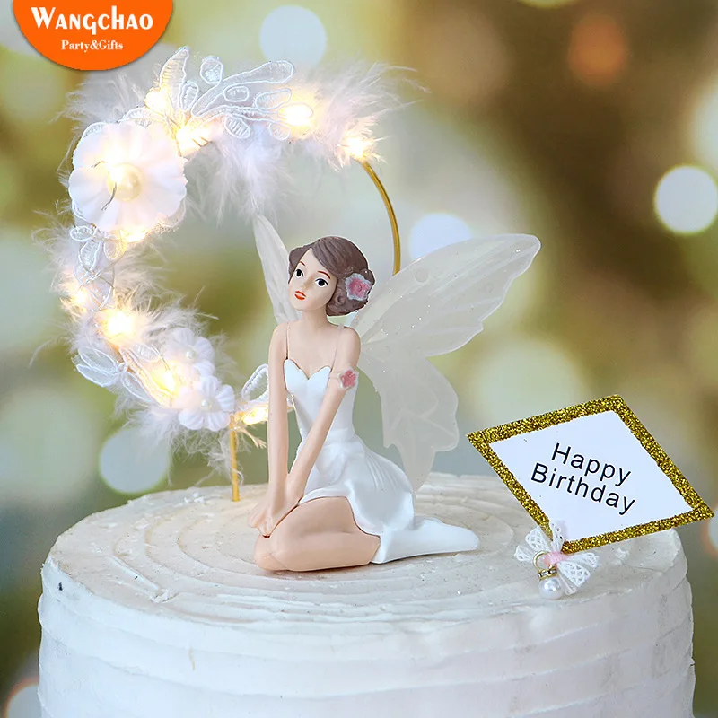 

Charming Angel Happy Birthday Cake Topper Attractive Angels with Iron Garland Lace Feather Romantic Wedding Cake Decoration