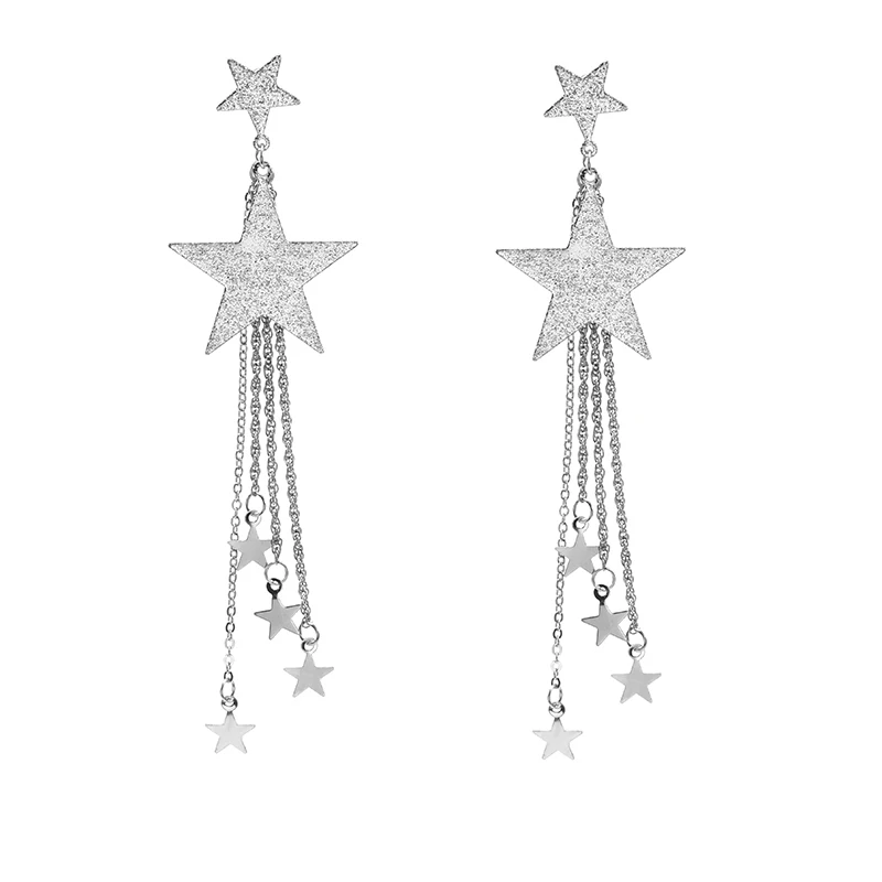 Корейские массивные серьги с пентаграммой и звездой длинные кисточками для