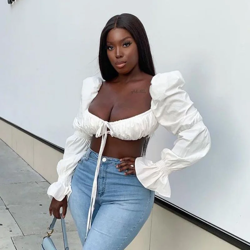 

CHRONSTYLE Long Lantern Sleeve Shirts Crop Top Women Fashion Solid Tie-up Square Neck Low Cut Elegant Shirts Blouses Streetwear