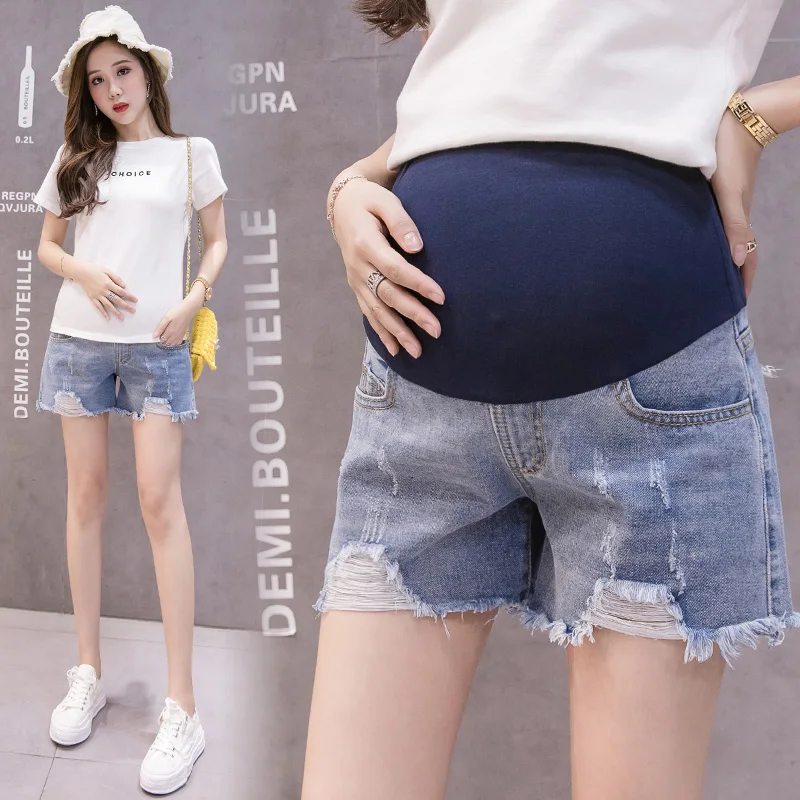 

1070# Summer Thin Denim Maternity Short Jeans Elastic Waist Belly Shorts Clothes for Pregnant Women Ripped Hole Pregnancy Casual