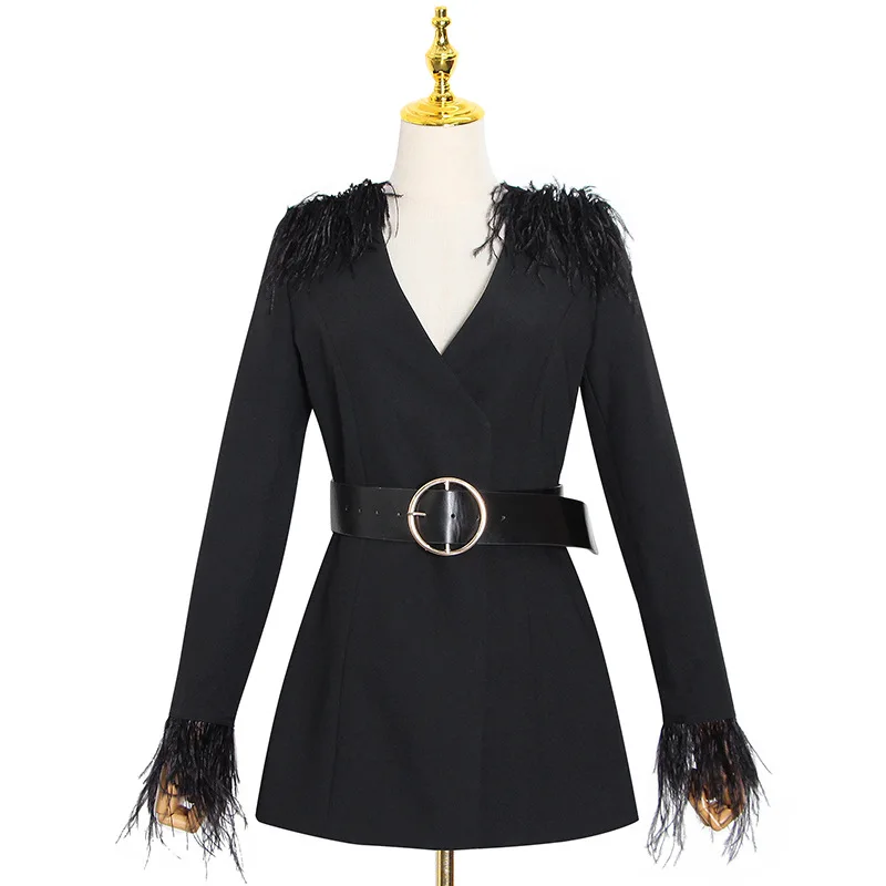 

Spring 2021 New Stylish Sexy V-neck Long Sleeve Feather Stitching Sashes Irregular Solid Color Short Dress Bb93