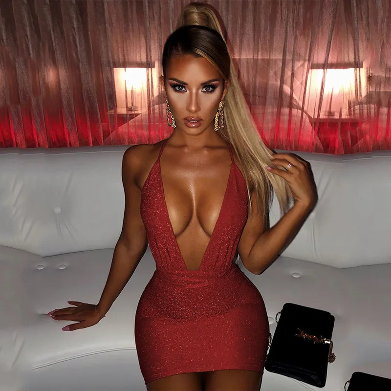 

Sexy Black Deep V Neck Backless Bodycon Dress Women Spaghetti Strap Bandage Night Club Mini Dress Sparkly Summer Dress 2021 New