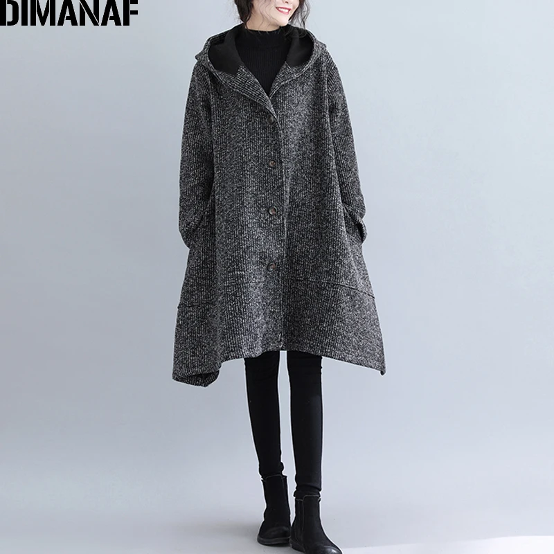 Yi880CN-hei DIMANAF/большие размеры, женские зимние пальто из шерсти и смесей, утепленная одежда, винтажная женская верхняя одежда, Свободное пальто, с капюшоном - Цвет: Yi880CN-hei