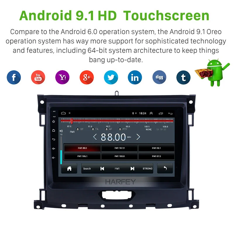 Автомагнитола Harfey 9 &quot Navi HD Android 1 GPS для Ford Ranger 2018 с Bluetooth USB AUX поддержка Carplay DVR SWC
