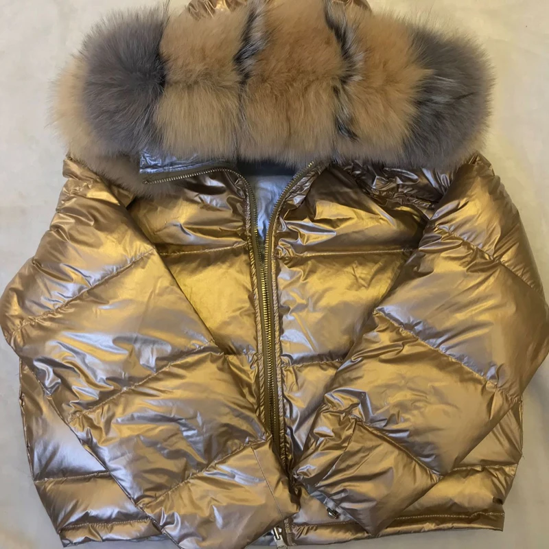 Двусторонняя одежда с лисьим большим меховым воротником короткая куртка пуховик