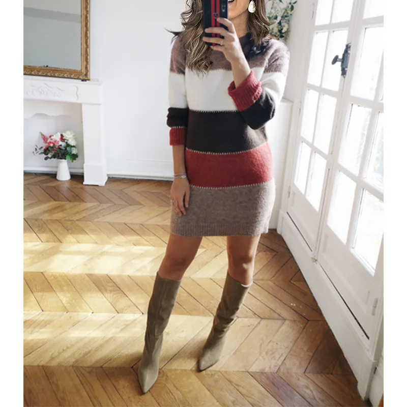 

Simple Stitching Knit Skirt Office Ladie Contrast O Neck Sweater Joker Warm Winter Comfortable Dress Vintage Clothes New Fashion