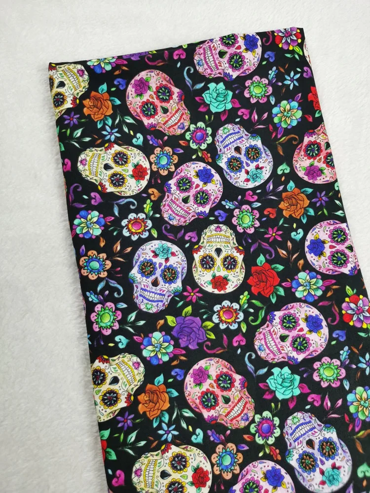 

100% Cotton Latest Skull Fabric Design Black Flower Skull Pink rose Ghost Halloween Printed Fabric Patchwork 45x105cm Home Decor