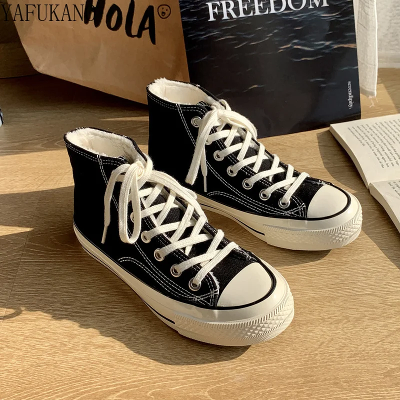 

High-Top Plus Velvet Canvas Shoes Warm Board Shoes Classic Fashion Casual Sneakers Flat Cozy Lovers Walking Shoes Women Boots