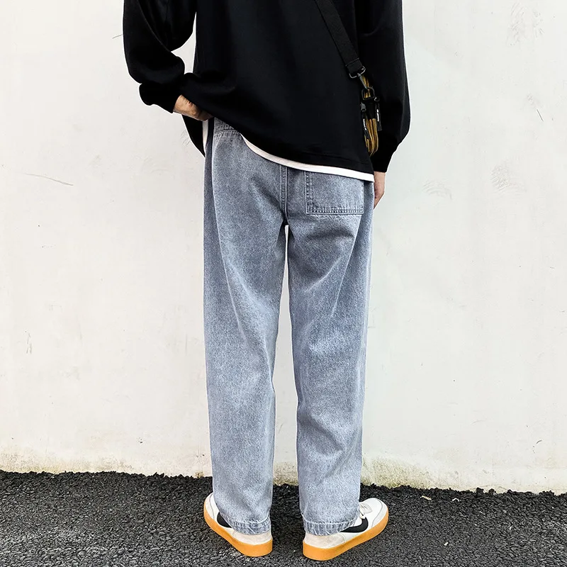 

Mens Autumn Winter Jeans Pants Men Korean Loose Straight Casual Denim Pants For Male Elastic Waist Drawstring Blue Denim Trouser