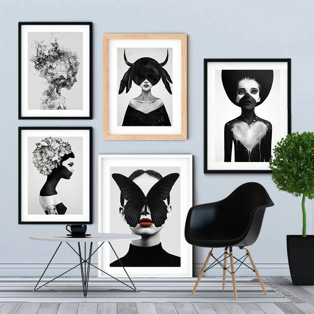 

Black and White Sexy Lady Masked Canvas Painting Poster Prints Modern Fashion Women Wall Art Nordic Pictures For Home Decor