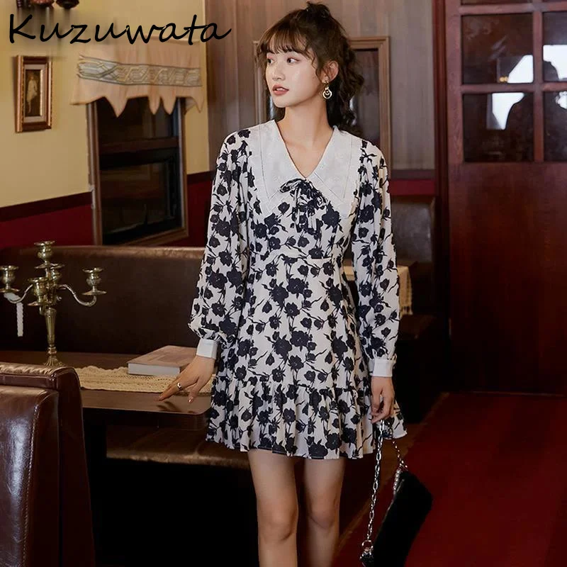 

Женское винтажное платье до колена, свободное платье с принтом, высокой талией, отложным воротником и длинным рукавом, весна 2021