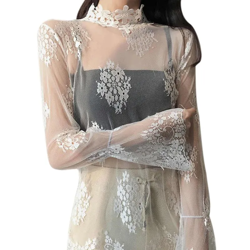 

2019 Women Casual Lace Patchwork Harajuku Tops Simple Slim shirt Half high collar Long Sleeve Wild women clothes