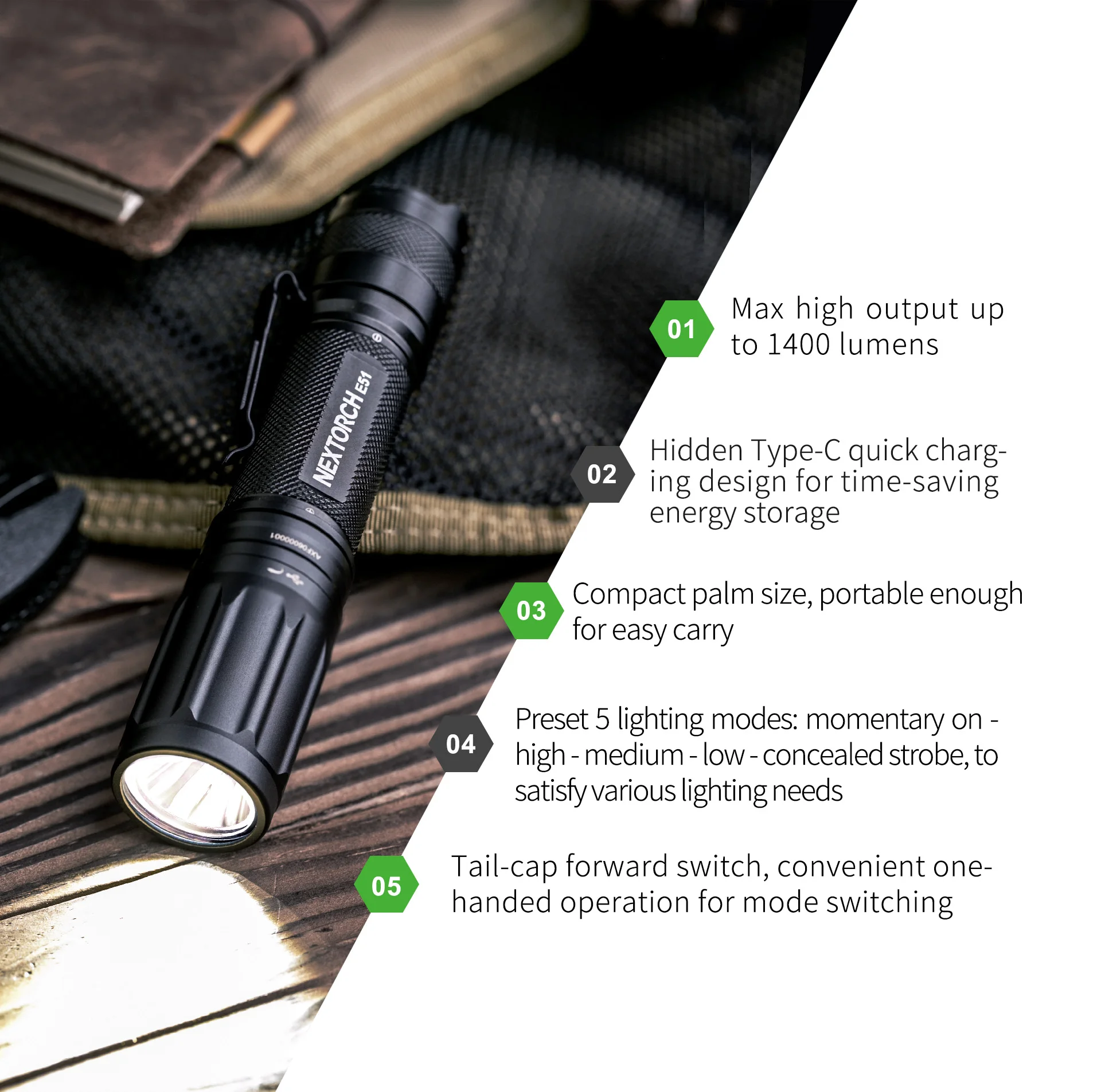 Online NEXTORCH 1400 Lumen 18650 Taktische Taschenlampe USB High Power Wiederaufladbare Led Taschenlampe Für Jagd Angeln Freien