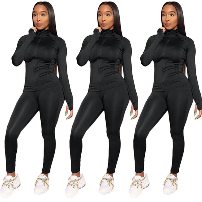 Осень 2 шт. наряды для женщин длинный рукав молния водолазка обычная куртка