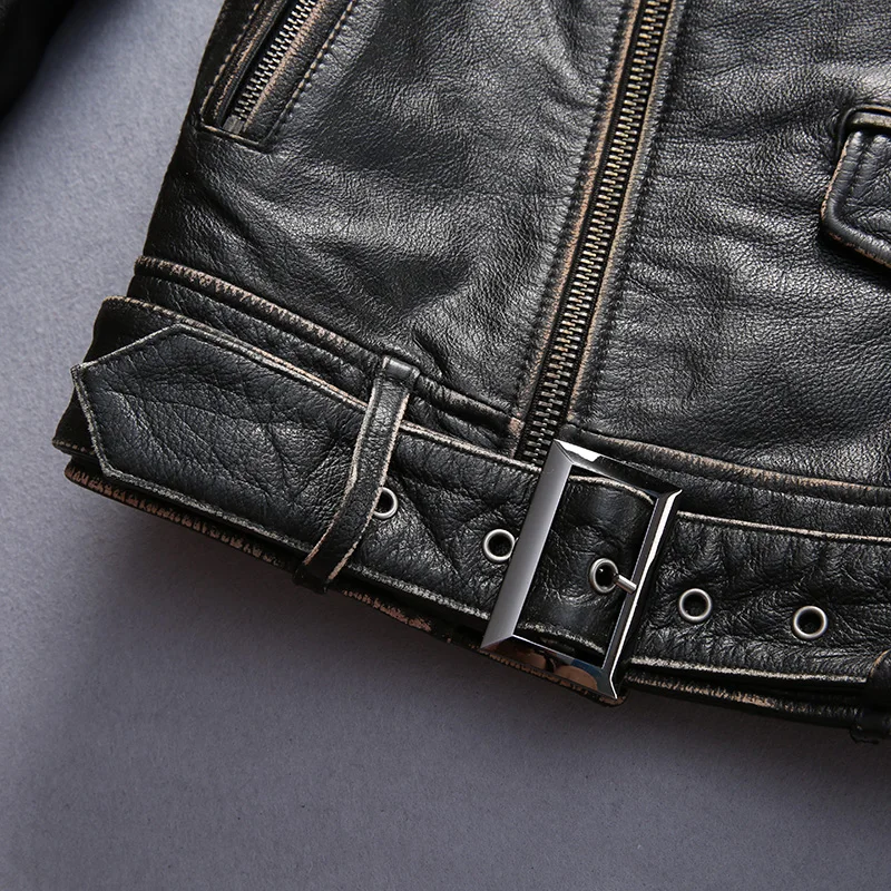 

Men Genuine Leather Jacket Male Spring Autumn Skulls Vintage Moto Thick Soft Cowhide Coat Large Size Black Jacket 2021