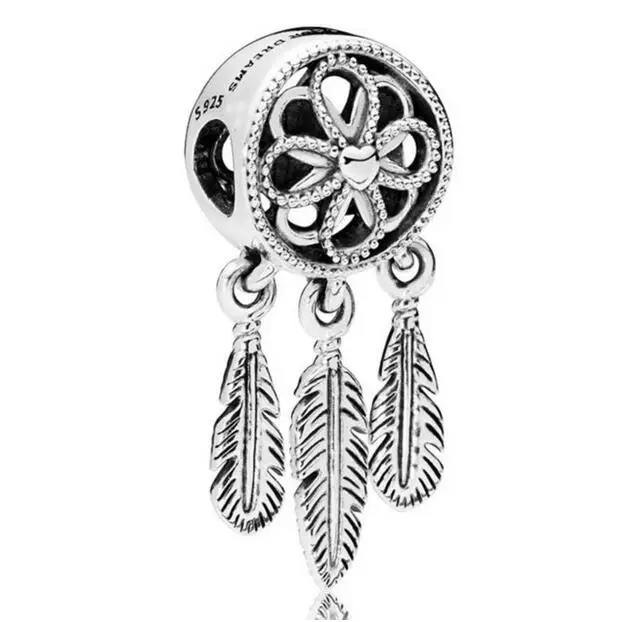 

Genuine 925 Sterling Silver Charm Openwork Flower Feather Spiritual Dream Catcher Pendant Bead Fit pandora Bracelet Diy Jewelry