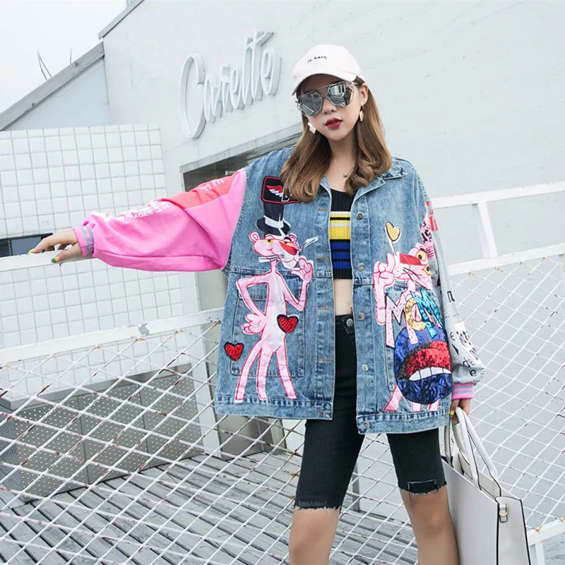 Women Cartoon pattern sequins large size loose stitching long-sleeved mid-length denim jacket women Y588