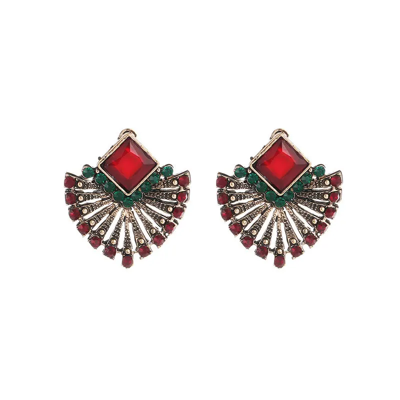 

Vintage Bohemian Ethnic Ruby Earrings for Women Girls Scalloped Crystal Stud Earrings Temperament Jewelry Gifts for Best Friends
