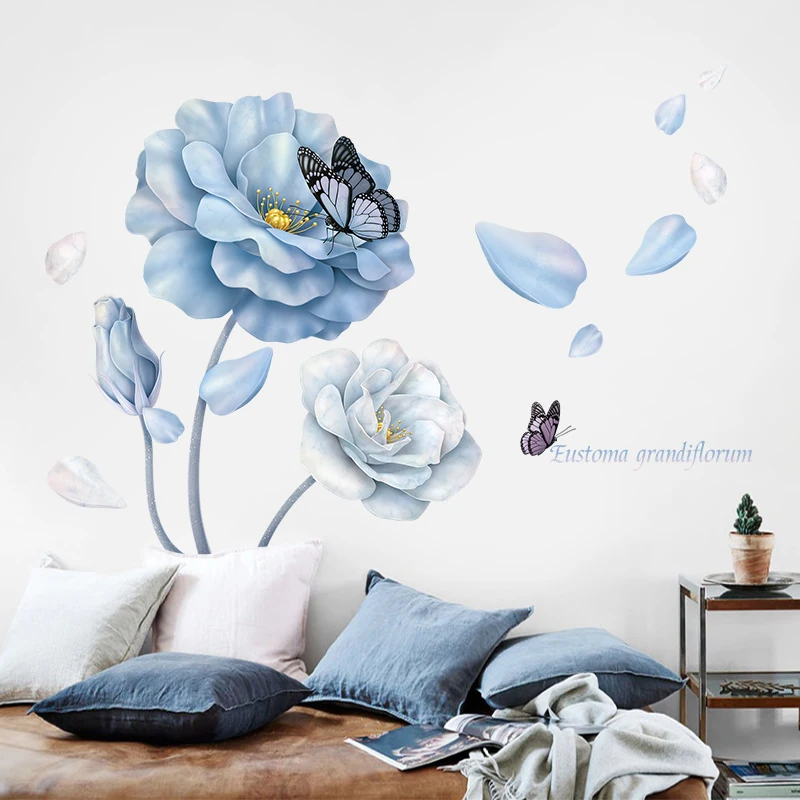 126*86cm Large Blue Flower Wall Stickers for Living room Bedroom Sofa Background Butterfly Vinyl Decal Eco-friendly Mural | Дом и сад