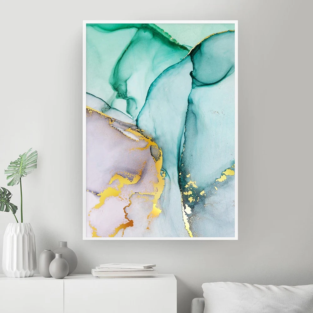 Абстрактная зеленая Золотая фольга холст искусство модный синий красочный