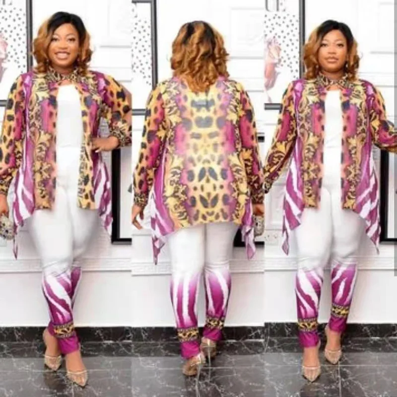 

2022 Dashiki Traditional African Clothes For Women 3 Piece Set Plus Size Chiffon Tops Pants Trousers Suits Ladies Party Clothing