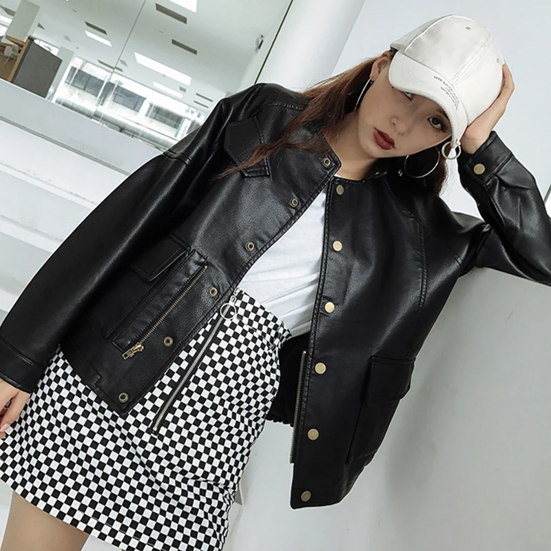 Trendy New Autumn Womem Vintage Black Loose Fit Pu Faux Soft Leather Jacket Single Breasted Pocket Punk Biker Coat Outwear