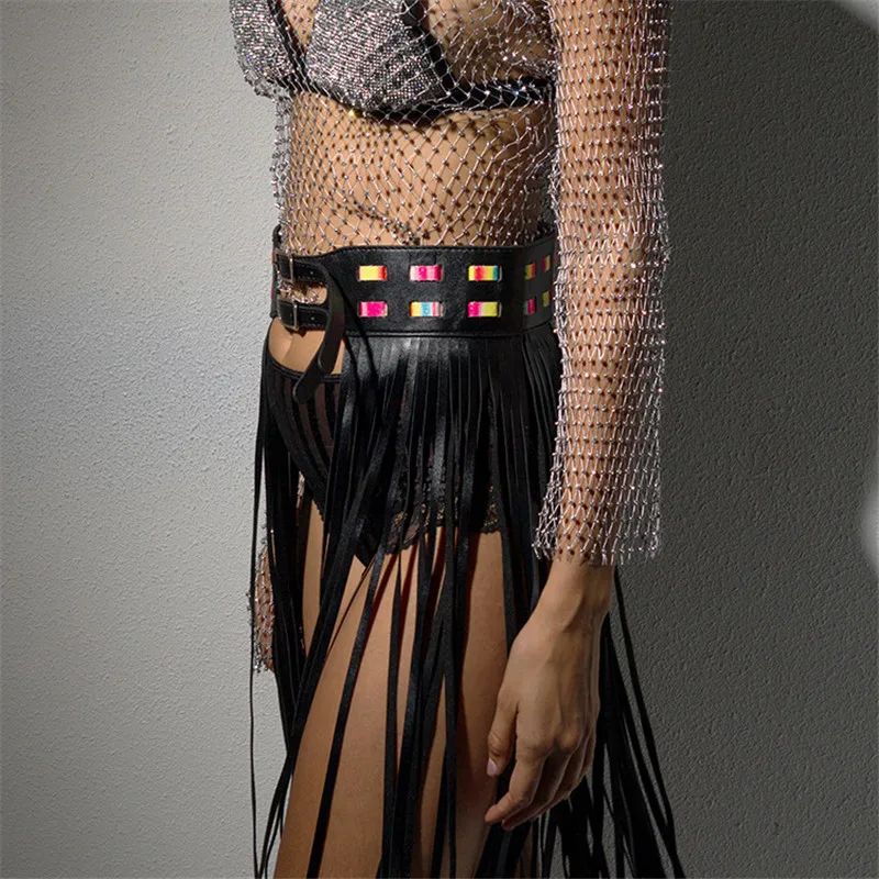 Искусственная кожа металлические люверсы пряжки длинные юбки Bling голографическая Длинная кисточка Регулируемая Талия Сексуальная Женская рейв юбка для фестиваля