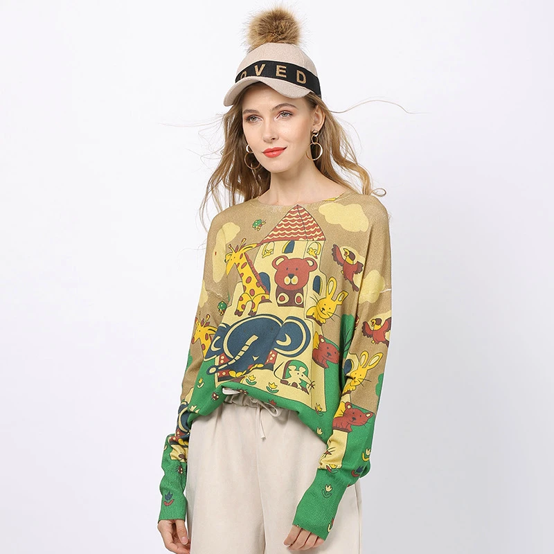 

Knitted Women Tops Autumn Spring Long Sleeve Sweater Outerwear Animal Printing Loose Pullover Pullovers Sueter Mujer TA6317