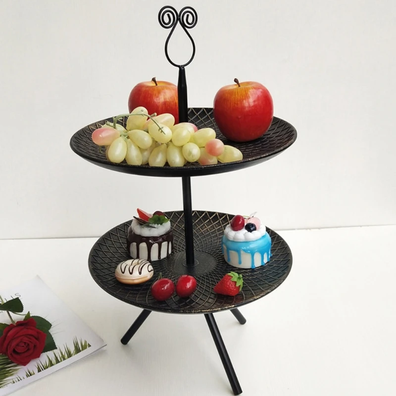 

2 Tier Fruit Plate Basket Vegetables Organizer Retro Kitchen Metal Storage Dessert Tray Rack Stand Holder for Counter Dining