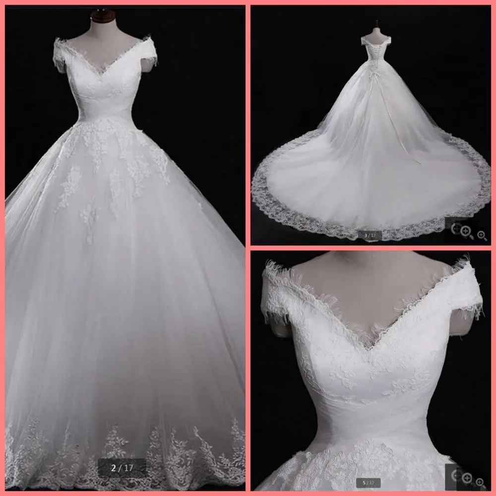 Белое фатиновое бальное платье для свадьбы кружевное с v-образным вырезом и