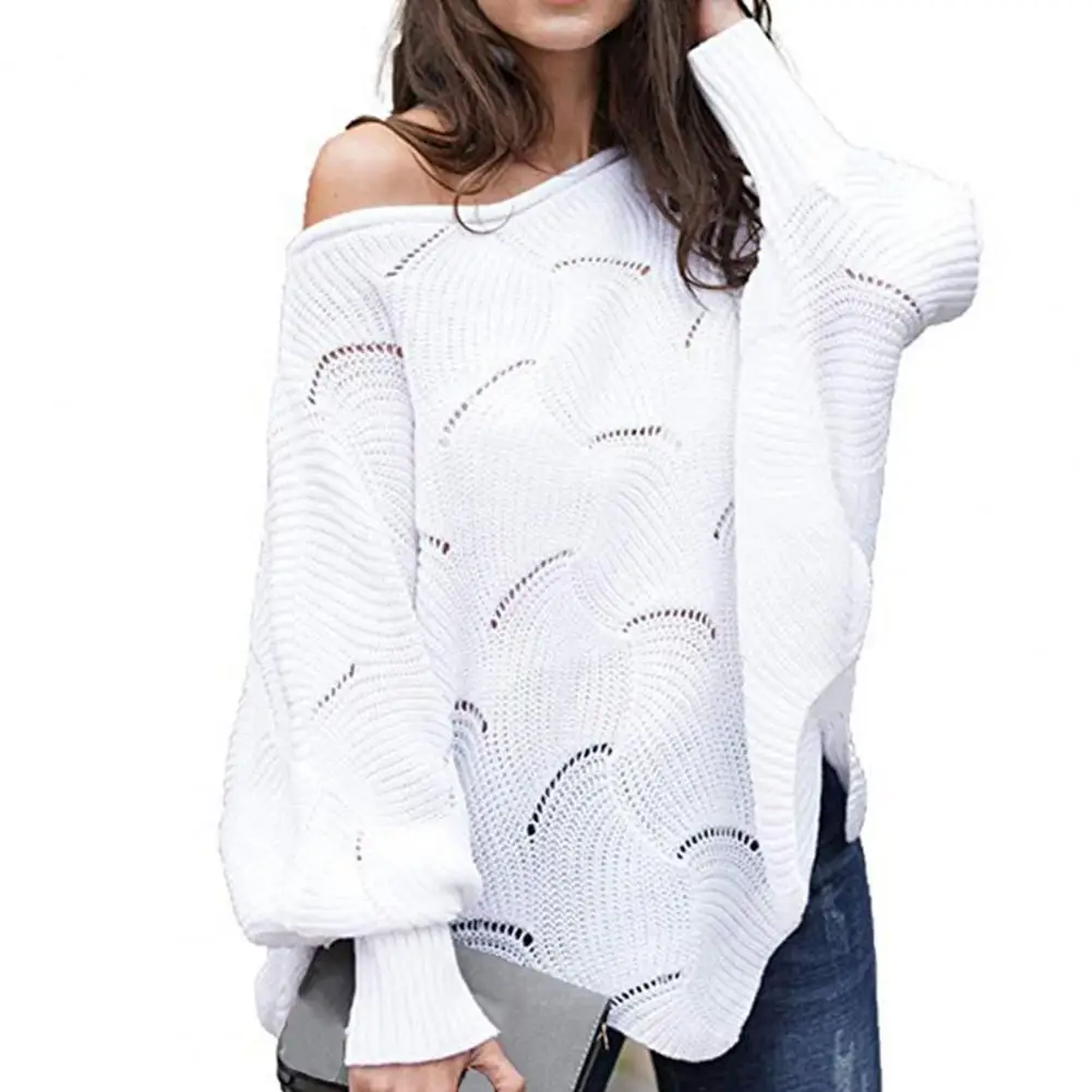 

Hollow Knitted Sweater Solid Color Batwing Sleeve Flower Edge Hem Hollow O-Neck Ladies Autumn Winter Knitwear Top