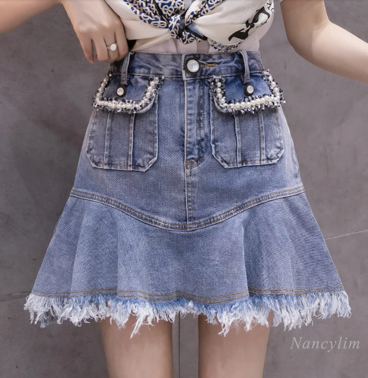 

Beads Pocket Ruffled Hem Fringed Burr High Waist Blue Denim Skirt Women's Clothing 2021 Summer New Jupe Femme Nancylim