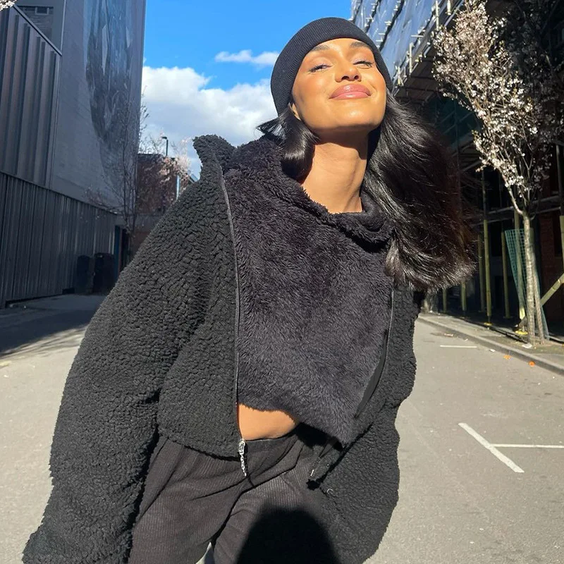 

Plush Thermal Furry Loose Zipper Long-sleeved Stand-up Collar Short Jacket Long-sleeved Faux Lamb Streetwear Women’s Clothing