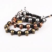 high quality vintage brass skull charm handmade briaded adjustable macrame beads bracelet for men