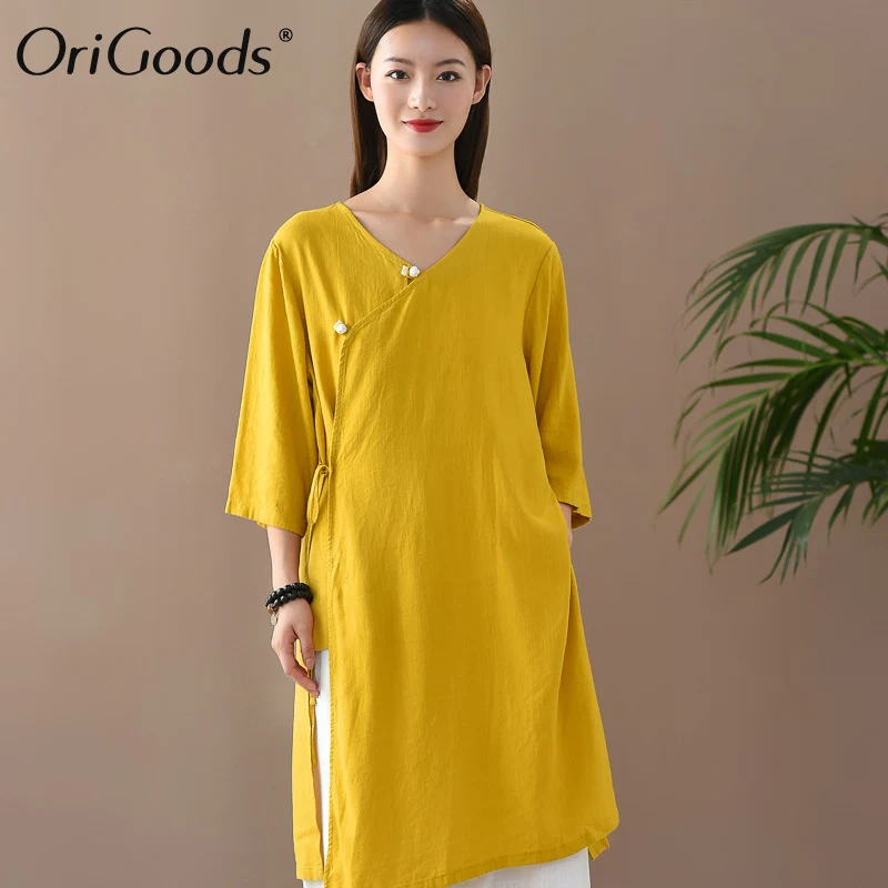 

Женская Длинная блузка в китайском стиле OriGoods, льняная рубашка, блузка, новинка 2020, летняя длинная рубашка, оригинальная рубашка нового диза...