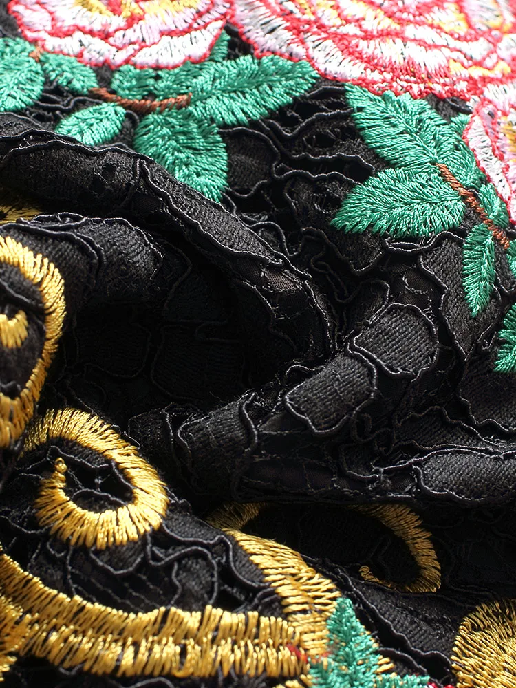 

Runway Fashion Designer Dress High Quality Women Elegant Black Lace Flower Embroidered A line Dress