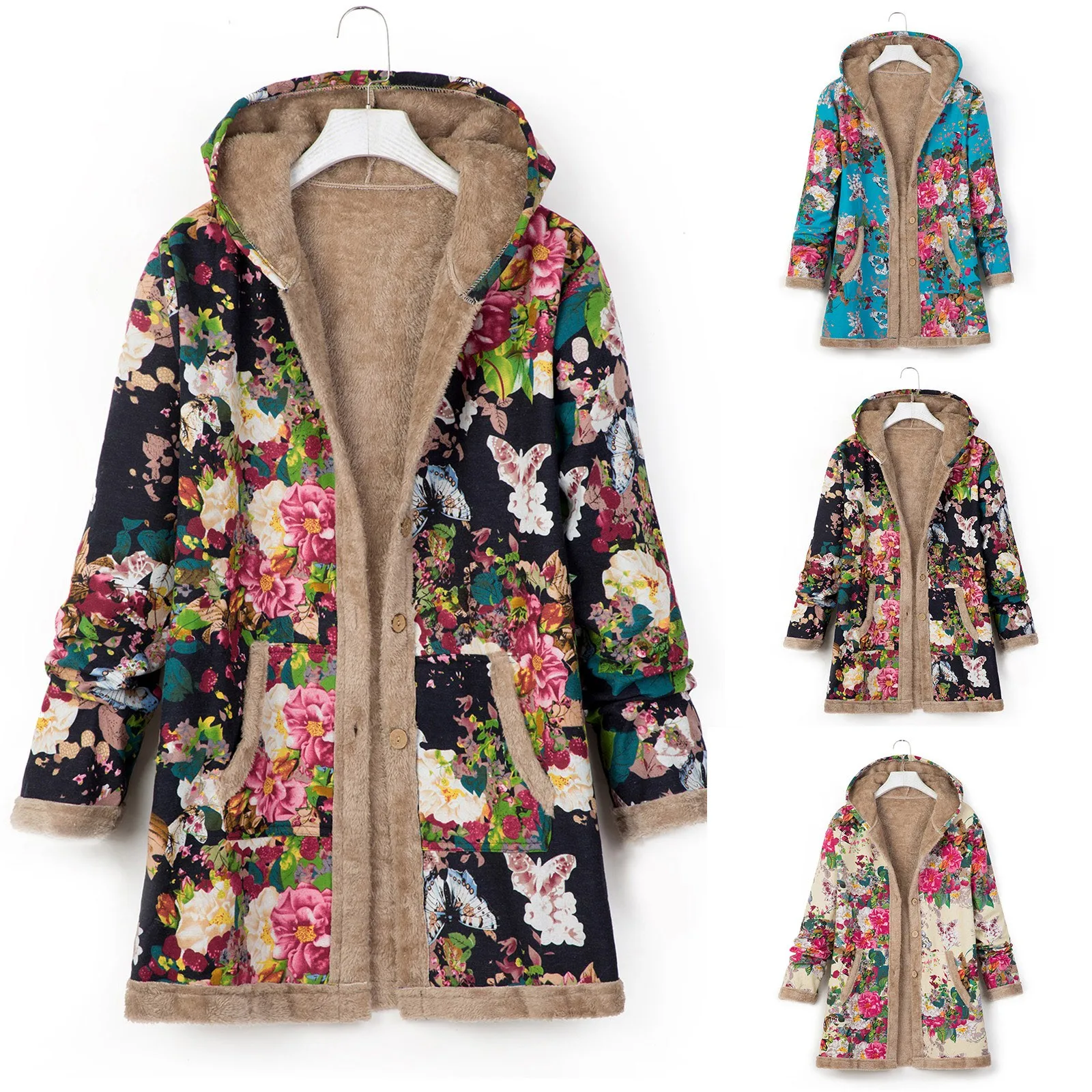NEW Women Vintage Loose Hooded Coat Floral Printed Fleeces Lining Buttoned big Size Winter Warm Parka Casual Outerwear