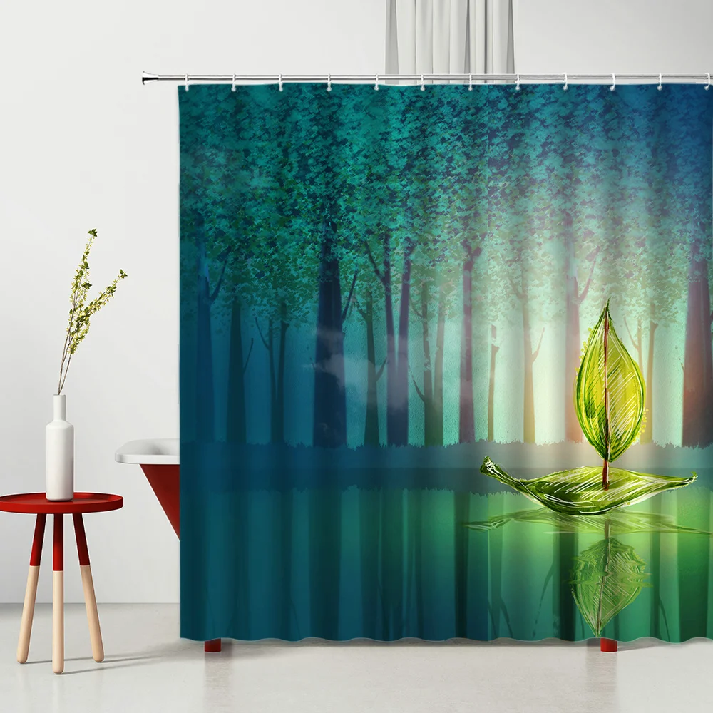 

Занавеска для душа с изображением туманного леса, креативная занавеска для ванной из моющейся ткани с изображением зеленых листьев и высок...