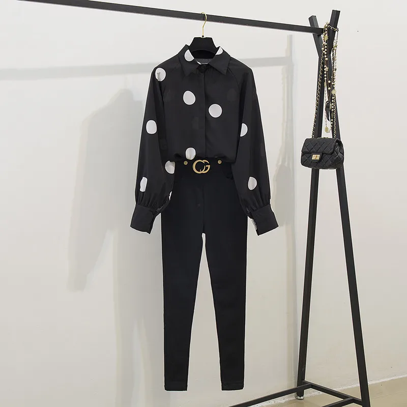 Женские комплекты из 2 предметов рубашка в горошек с длинным рукавом и узкие