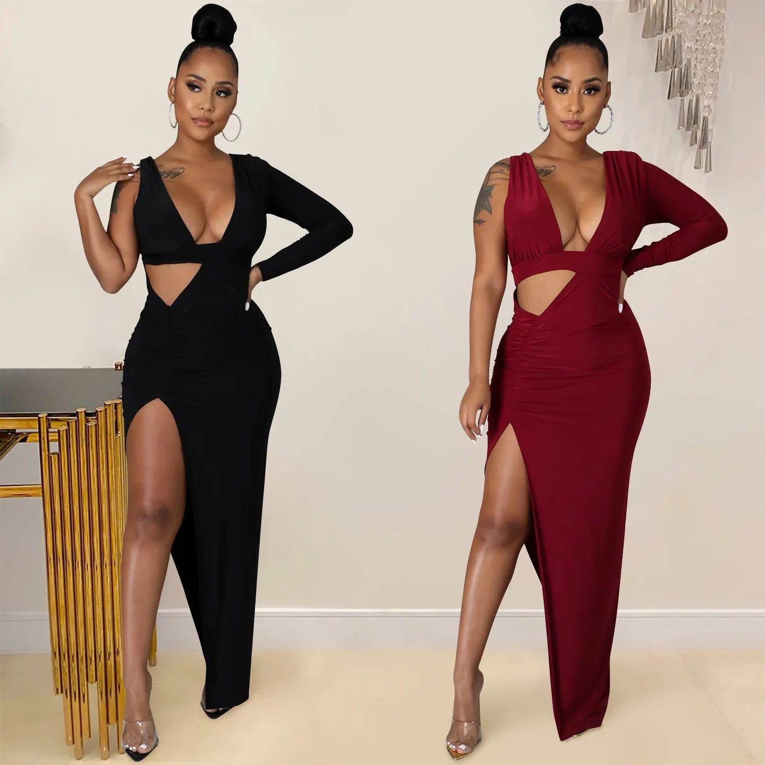 

Solid Color Women's V-neck Maxi Dress One Shoulder Long Sleeve Hollow Out Split Long Dress Open Back Party Evening Vestidos
