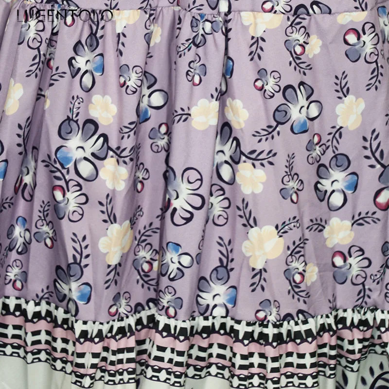 

Lugentol Maxi Skirt Women High Waist Purple Print Elastic Band Pleated Big Swing A-Line Loose Causal Autumn Harajuku Skirts