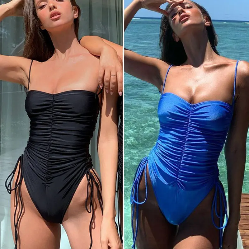 

Miyouj Thin Shoulder Strap Swimsuit Female Sexy Tube Top Beachwear Black Two Ways Wear Swimwear Women Bath Suit One Piece Folds